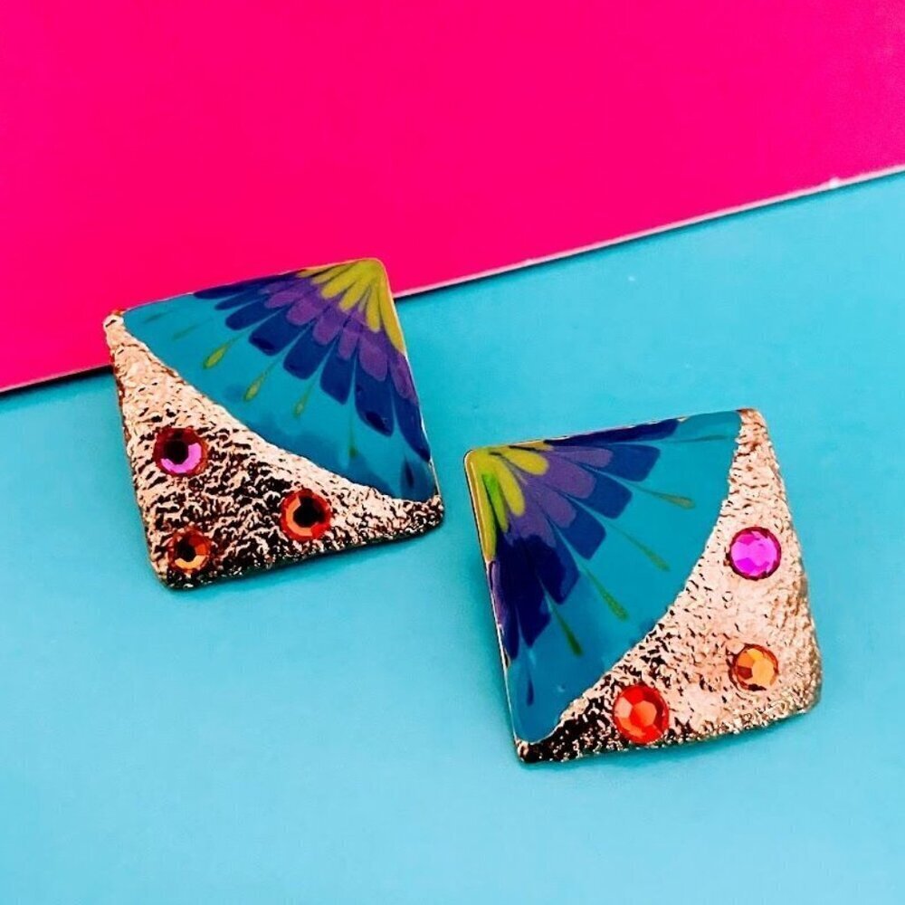 Vintage 80’s Don-Lin Colorful Enamel Gold Tone Signed Earrings
